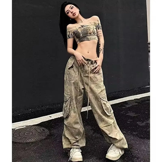 Vintage Washed Cargo Camouflage Jeans for Women American Street Wasteland Style Trendy Straight Pants Baggy Wide Leg Pants - Premium Kiosk