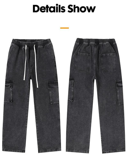 Men's Baggy Straight Cargo Jeans Elastic Waist Drawstring Casual Pants High Street Fashion Vintage Trousers Male Trendy Brand