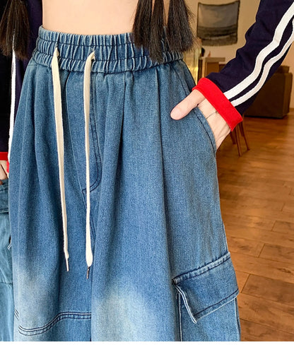 Cargo Jean Loose Wide Leg Workwear Jeans Elastic Waist Men and Women Spring Autumn Faion Brand Waed Out Trousers Straight Cut