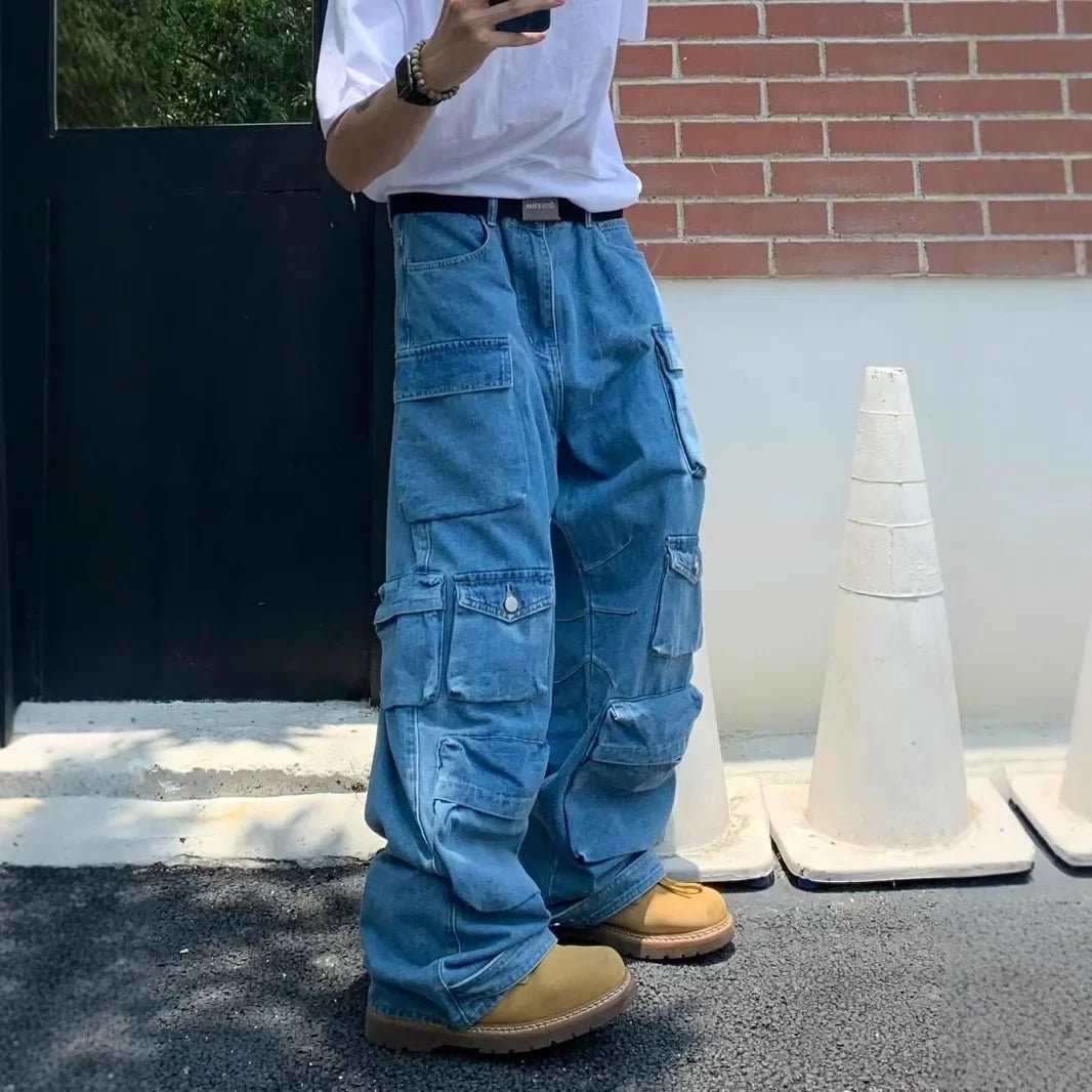 Men's Cargo Jeans Spring New Fashion Hip Hop Streetwear Multi Pocket Loose Blue Wide Legs Denim Pants Personalized Y2K Trousers - Premium Kiosk