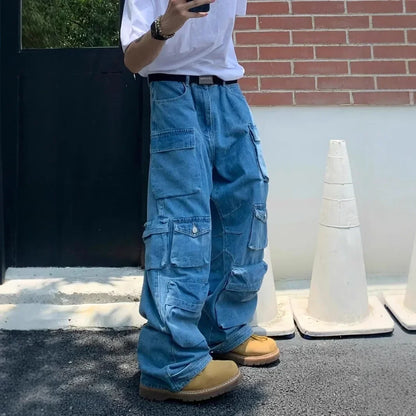 Men's Cargo Jeans Spring New Fashion Hip Hop Streetwear Multi Pocket Loose Blue Wide Legs Denim Pants Personalized Y2K Trousers - Premium Kiosk