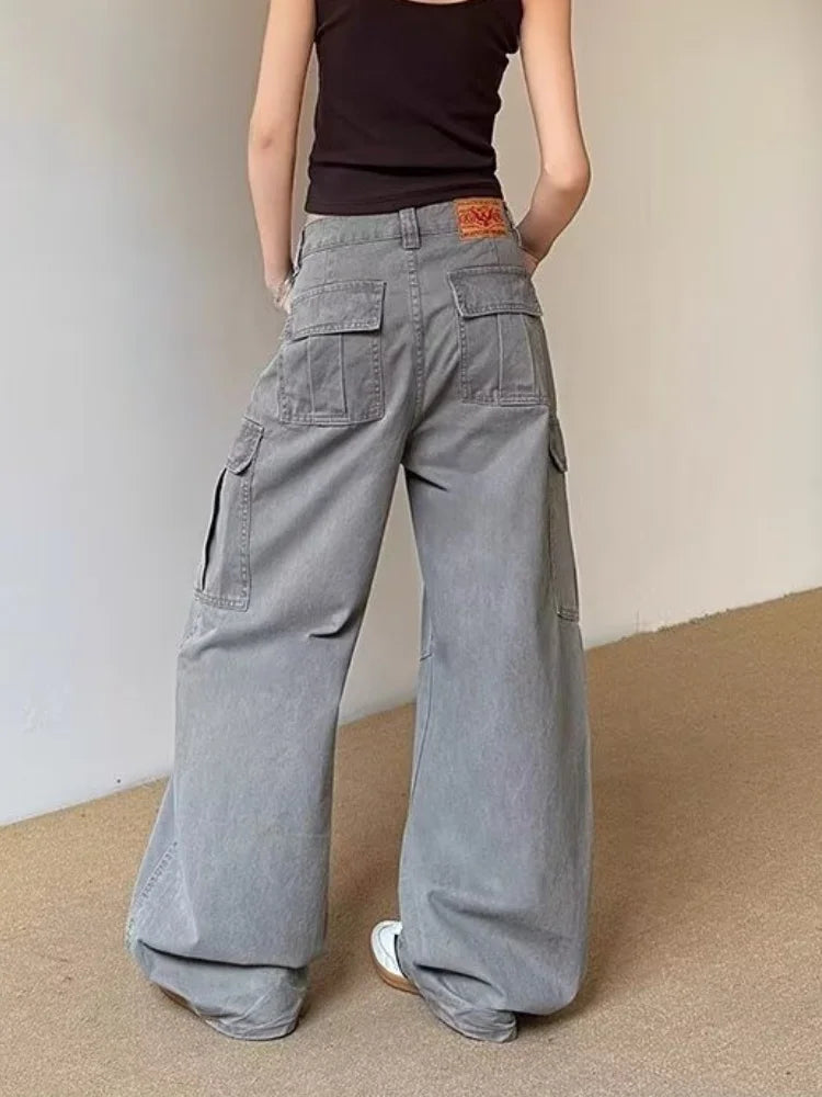 2025 Ropa Y2K Fashion Vintage Grey Baggy Cargo Jeans Pants For Women Clothing Wide Leg Kpop Casual Lady Trousers Pantalon Femme - Premium Kiosk