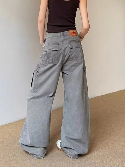 2025 Ropa Y2K Fashion Vintage Grey Baggy Cargo Jeans Pants For Women Clothing Wide Leg Kpop Casual Lady Trousers Pantalon Femme - Premium Kiosk