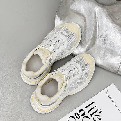 Women's Dad Shoes Thick Sole Heightening 2025 Spring Autumn Pure Color Adult Laced Comfortable Polyurethane Casual Sports Shoes