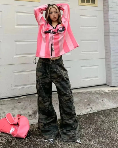 Women Y2K Camouflage Cargo Jeans Vintage High Waist Hip Hop Wide Leg Pants Female Street Wear Baggy Straight Denim Trouser - Premium Kiosk