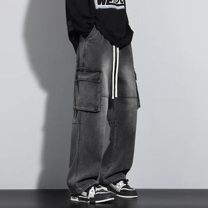 Men's Straight Cargo Jeans New Elastic Waist Multi-pockets Baggy Denim Pants Y2K Fashion Harajuku Streetwear Trousers Male - Premium Kiosk