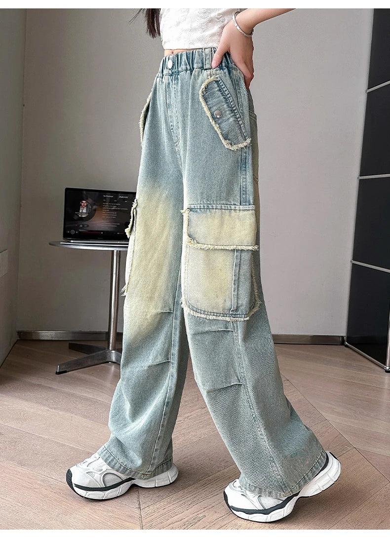 4-14 teen girls Jeans Summer Kids Cargo Pants Fashion casual versatile gradient Side Big Pocket Soft Thin denim wide leg pants - Premium Kiosk