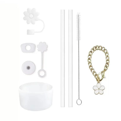 Accessories for Stanley Cup Set of 9, 2 Straw and Brush and 1 Flower Charm Chain 3 Spill Proof Stopper Flowers Straw Cover Boot