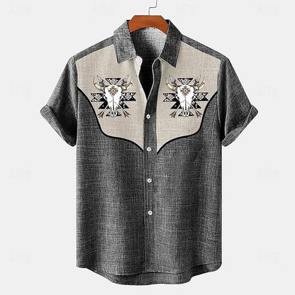 Men's shirt linen summer shirt beachwear blue short sleeved solid color lapel summer casual