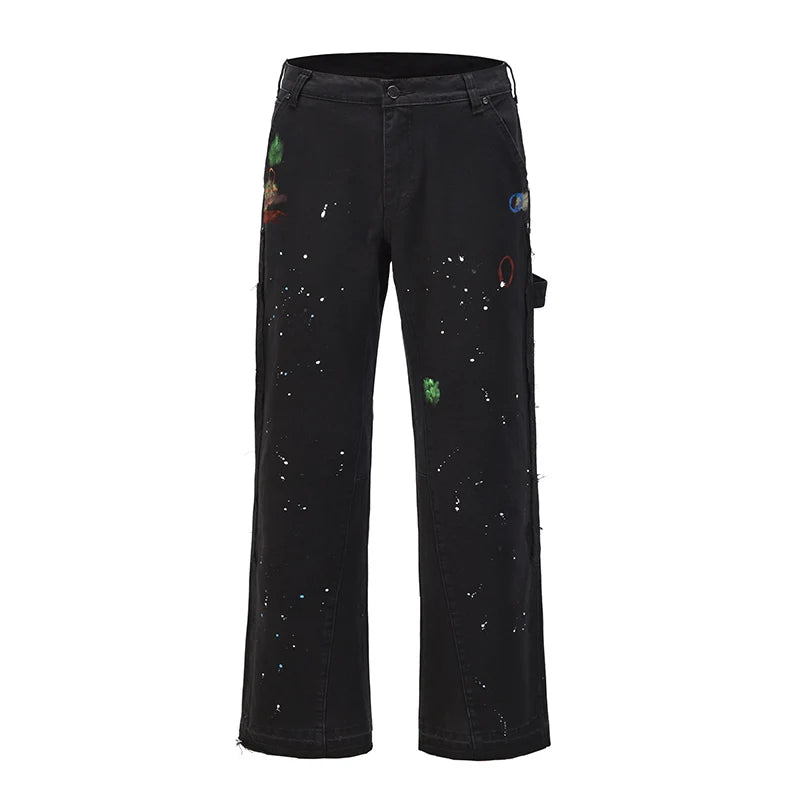 2023 Streetwear Graffiti Cargo Flared Jeans Khaki Black Splash Ink Wide Leg Denim Pant Hip Hop Cargo Trousers Jean Men - Premium Kiosk