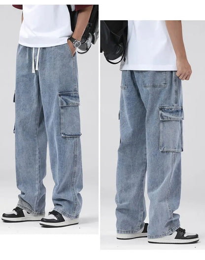 Men's Baggy Straight Cargo Jeans Elastic Waist Drawstring Casual Pants High Street Fashion Vintage Trousers Male Trendy Brand
