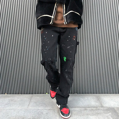 2023 Streetwear Graffiti Cargo Flared Jeans Khaki Black Splash Ink Wide Leg Denim Pant Hip Hop Cargo Trousers Jean Men - Premium Kiosk
