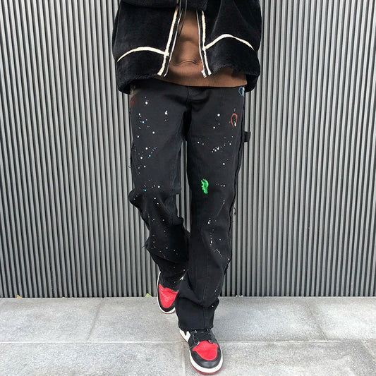 2023 Streetwear Graffiti Cargo Flared Jeans Khaki Black Splash Ink Wide Leg Denim Pant Hip Hop Cargo Trousers Jean Men - Premium Kiosk