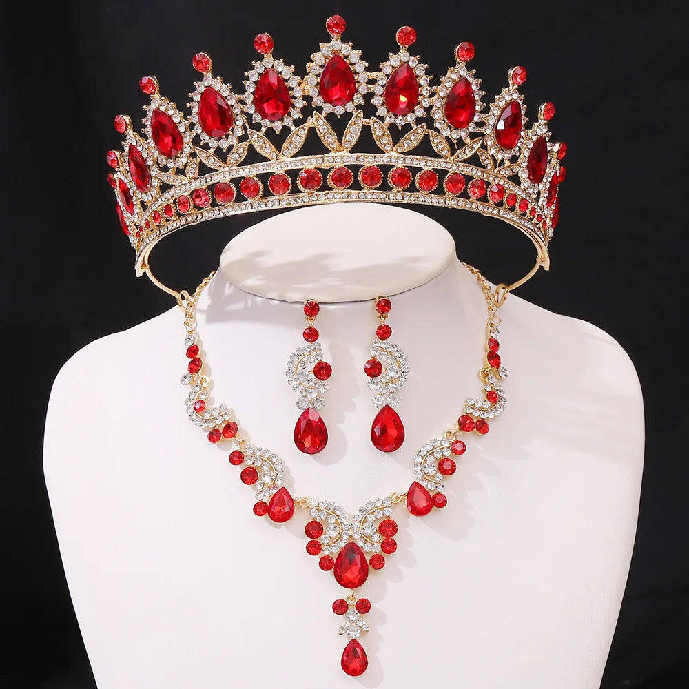 3pcs/set Princess Crown Bridal Jewelry Sets for Girls Water Drop Green Blue Red Crystal Tiaras Necklace Earrings New Jewelry Set