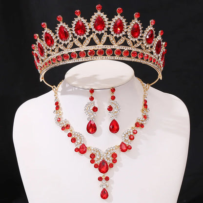 3pcs/set Princess Crown Bridal Jewelry Sets for Girls Water Drop Green Blue Red Crystal Tiaras Necklace Earrings New Jewelry Set
