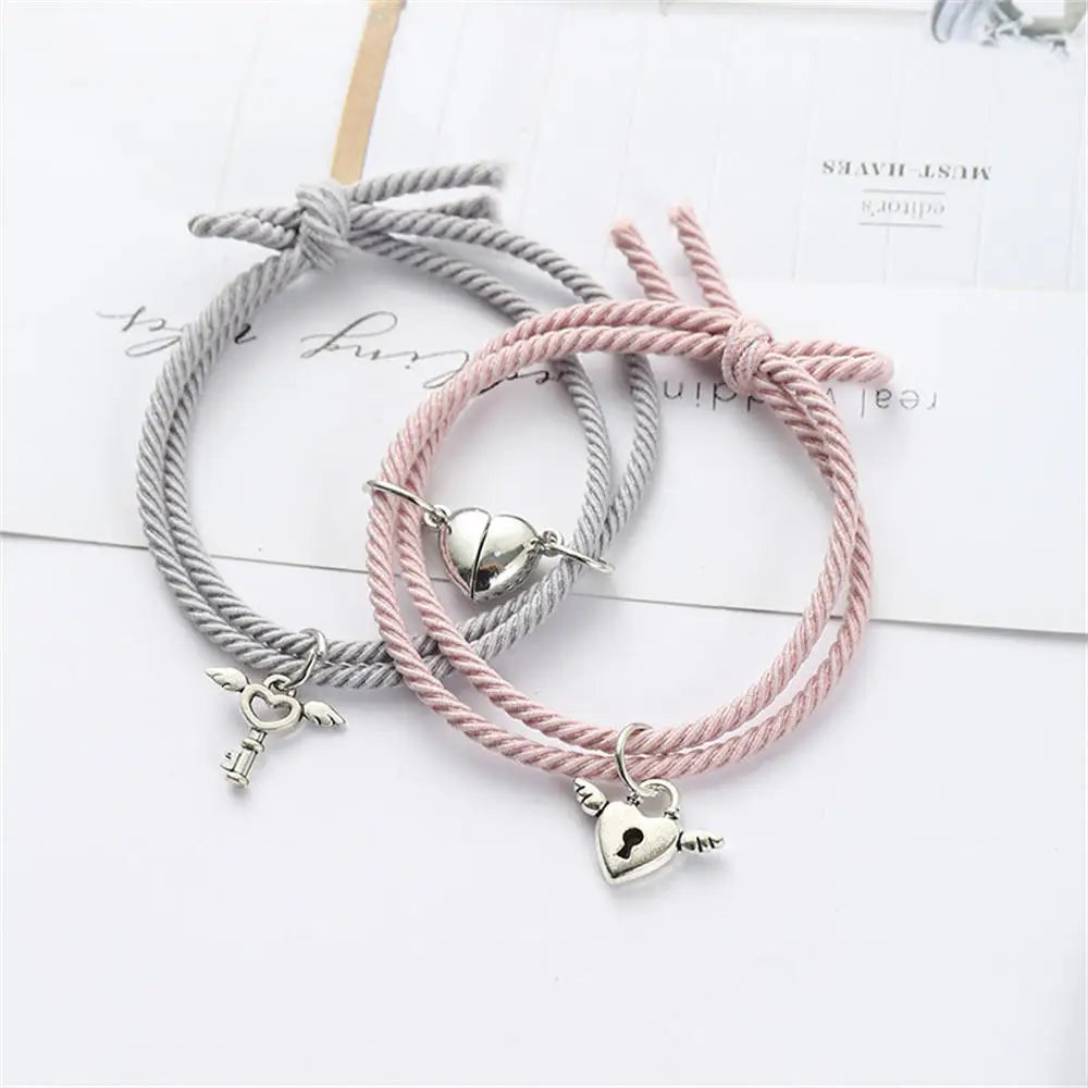 2pcs/Set Rope Braided Bracelet Trendy Alloy Magnet Attachment Couple Bracelet Simple Love Heart Black And White Bracelet Jewelry