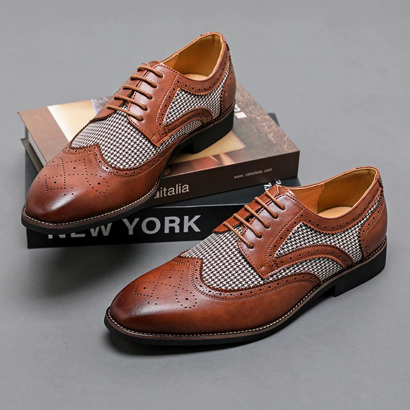 2025 Spring British Two-Tone Brogue Shoes Men Leather Low-Cut Casual Shoes Anti-Slip Breathable Office Daily Wear Oxford Shoes