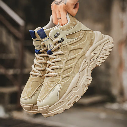 2025 Men's high-top thick-sole casual shoes versatile mixed material daddy sneakers outdoor tooling wear-resistant men's shoes