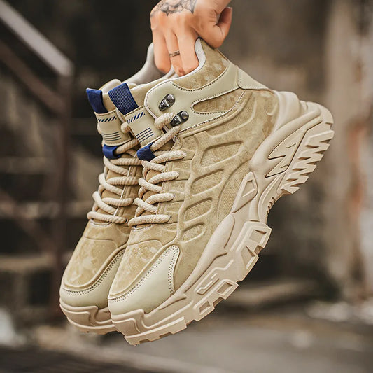 2025 Men's high-top thick-sole casual shoes versatile mixed material daddy sneakers outdoor tooling wear-resistant men's shoes
