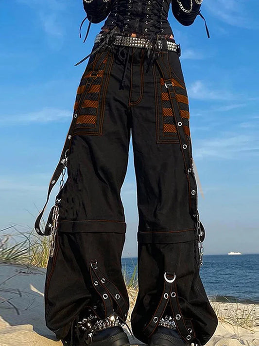 Women Cargo Jeans Striped Zipper Button Closure Loose Casual Trousers Streetwear with Pockets - Premium Kiosk
