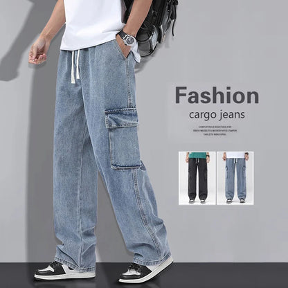 Men's Baggy Straight Cargo Jeans Elastic Waist Drawstring Casual Pants High Street Fashion Vintage Trousers Male Trendy Brand