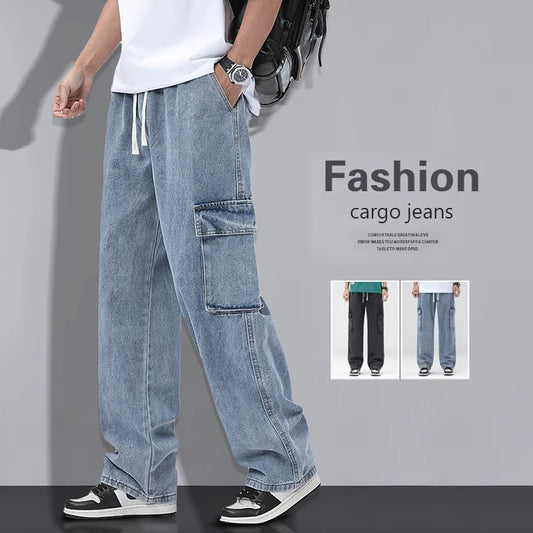 Men's Baggy Straight Cargo Jeans Elastic Waist Drawstring Casual Pants High Street Fashion Vintage Trousers Male Trendy Brand