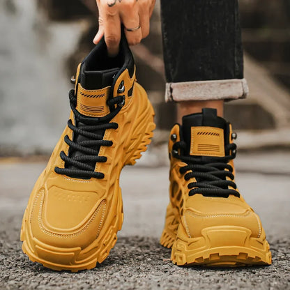 2025 Men's high-top thick-sole casual shoes versatile mixed material daddy sneakers outdoor tooling wear-resistant men's shoes