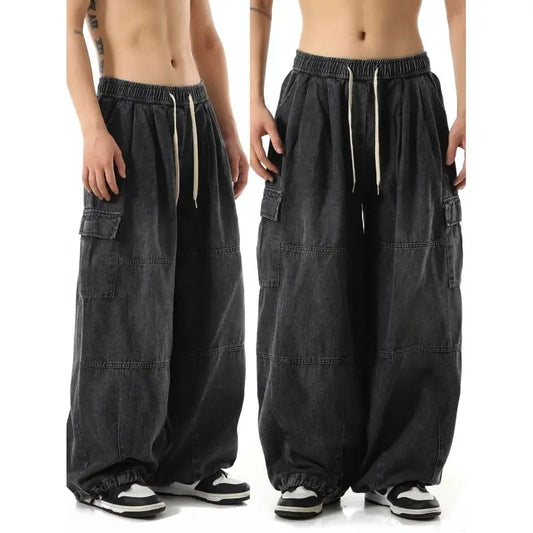 Y2k Black Baggy Cargo Jeans Trousers Men Streetwear Casual Hippie Jogging Wide leg Oversize Old Money Vintage Denim Pants - Premium Kiosk