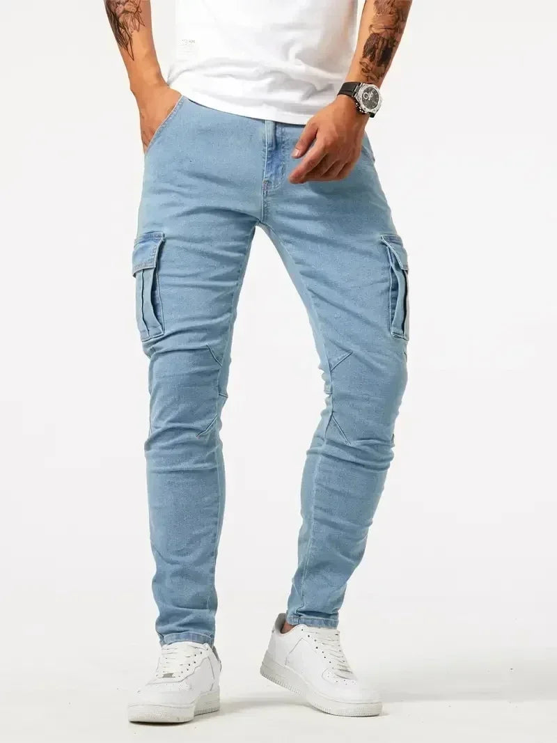 2025 Street Elastic Jeans Men Denim Cargo Pants Wash Solid Color Multi Pockets Casual Mid Waist Trousers Slim Daily Wear Joggers - Premium Kiosk