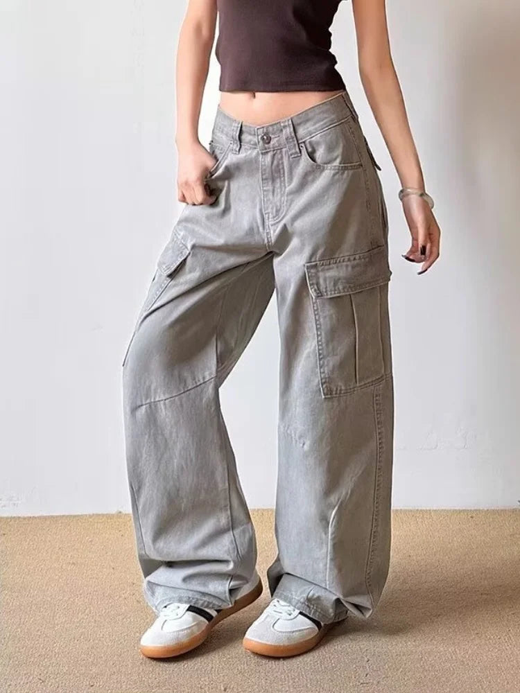 2025 Ropa Y2K Fashion Vintage Grey Baggy Cargo Jeans Pants For Women Clothing Wide Leg Kpop Casual Lady Trousers Pantalon Femme - Premium Kiosk