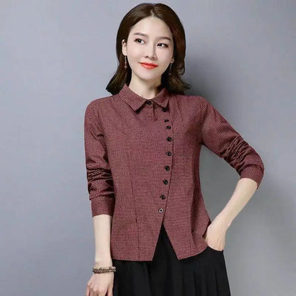 Women's Clothing  2022 Blouses Women Shirt thin Slim creative irregular Button turn-down collar lattice  spring summer leisure