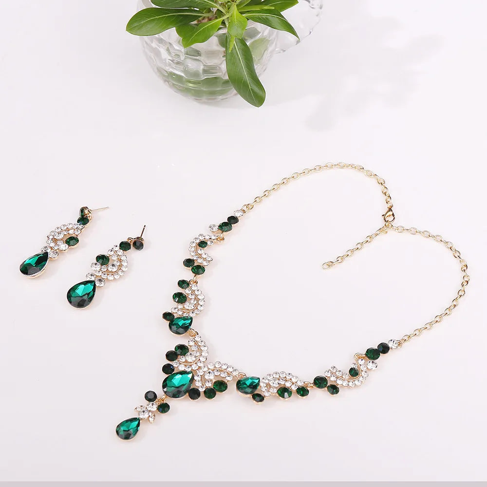 3pcs/set Princess Crown Bridal Jewelry Sets for Girls Water Drop Green Blue Red Crystal Tiaras Necklace Earrings New Jewelry Set