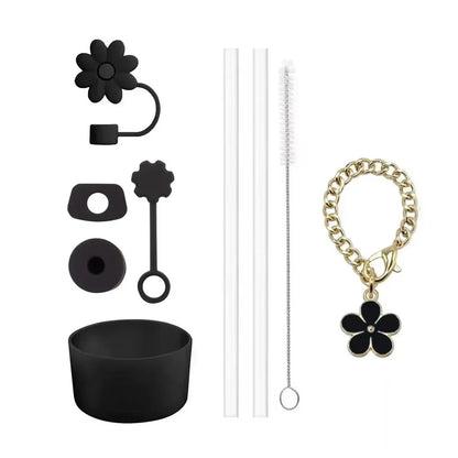Accessories for Stanley Cup Set of 9, 2 Straw and Brush and 1 Flower Charm Chain 3 Spill Proof Stopper Flowers Straw Cover Boot