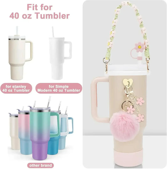7/8pcs Cup Accessories Set for Stanley Cup Including Handle Strap Siliocne Cup Boot Straw Cover Charms for 40oz 30oz Tumbler