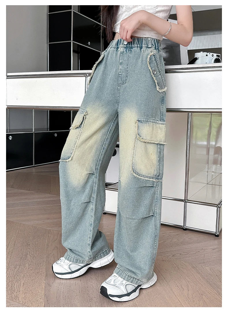 4-14 teen girls Jeans Summer Kids Cargo Pants Fashion casual versatile gradient Side Big Pocket Soft Thin denim wide leg pants - Premium Kiosk