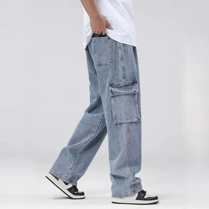 Men's Baggy Straight Cargo Jeans Elastic Waist Drawstring Casual Pants High Street Fashion Vintage Trousers Male Trendy Brand