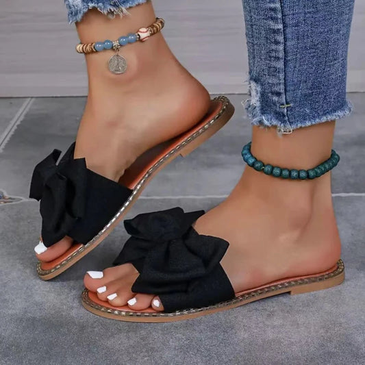 Women Slippers 2025 New Fashion Sandals Slides Women Summer Bow Keep Warm Shoes for Women Flat Heel Plus Size Zapatos De Mujer - Premium Kiosk