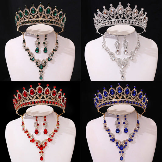 3pcs/set Princess Crown Bridal Jewelry Sets for Girls Water Drop Green Blue Red Crystal Tiaras Necklace Earrings New Jewelry Set
