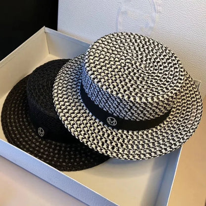 Women's Spring and Summer British Houndstooth Top Hats Seaside Sun Protection Beach Sun Hats Vacation Casual Top Hats