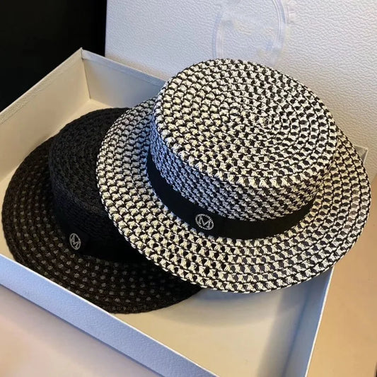 Women's Spring and Summer British Houndstooth Top Hats Seaside Sun Protection Beach Sun Hats Vacation Casual Top Hats