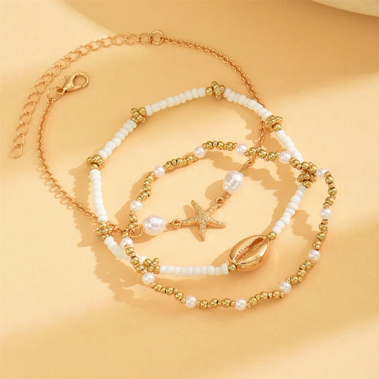 3pcs/set Bohemian Shell Foot Chain Starfish Anklets Sets For Women Gold Color Ankle Bracelet Beach Jewelry Summer Accessories