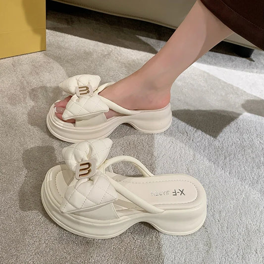 Women Slippers 2025 New Summer Casual Shoes Versatile Thick Sole Sandals Women Outwear Bow Beach Slippers Sexy Slides Women - Premium Kiosk