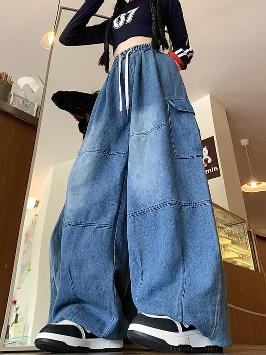 Cargo Jean Loose Wide Leg Workwear Jeans Elastic Waist Men and Women Spring Autumn Faion Brand Waed Out Trousers Straight Cut
