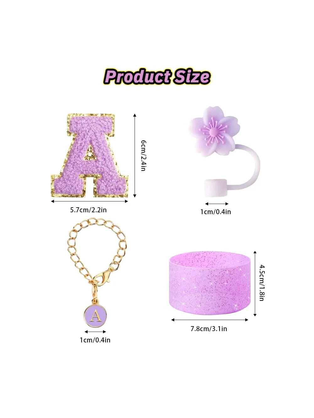 4Pcs Set for Stanley Cup Accessories, Including Initial Silicone Straw Lid, Name ID Letter,Selfadhesive Lette，Cup Sleeve（purper）