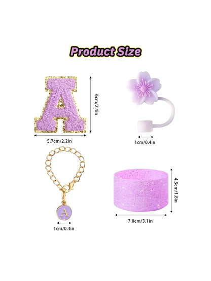 4Pcs Set for Stanley Cup Accessories, Including Initial Silicone Straw Lid, Name ID Letter,Selfadhesive Lette，Cup Sleeve（purper）