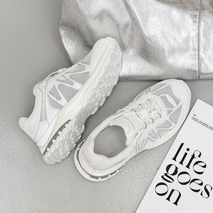 Women's Dad Shoes Thick Sole Heightening 2025 Spring Autumn Pure Color Adult Laced Comfortable Polyurethane Casual Sports Shoes