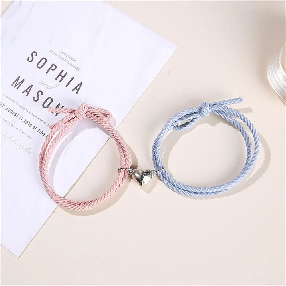 2pcs/Set Rope Braided Bracelet Trendy Alloy Magnet Attachment Couple Bracelet Simple Love Heart Black And White Bracelet Jewelry