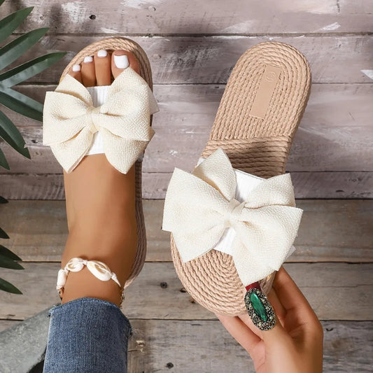 Women Slippers Fashion Trend Bow Anti Slip Sandals Wear-resistant Comfortable Soft Sole Flat Heel Slippers Home Slides Women - Premium Kiosk