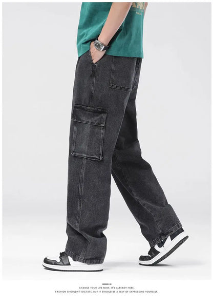 Men's Baggy Straight Cargo Jeans Elastic Waist Drawstring Casual Pants High Street Fashion Vintage Trousers Male Trendy Brand