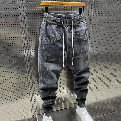 Elastic Waist Jeans Men's Elastic Drawstring Waist Denim Cargo Pants With Pockets Solid Color Harem Trousers For Spring Autumn - Premium Kiosk